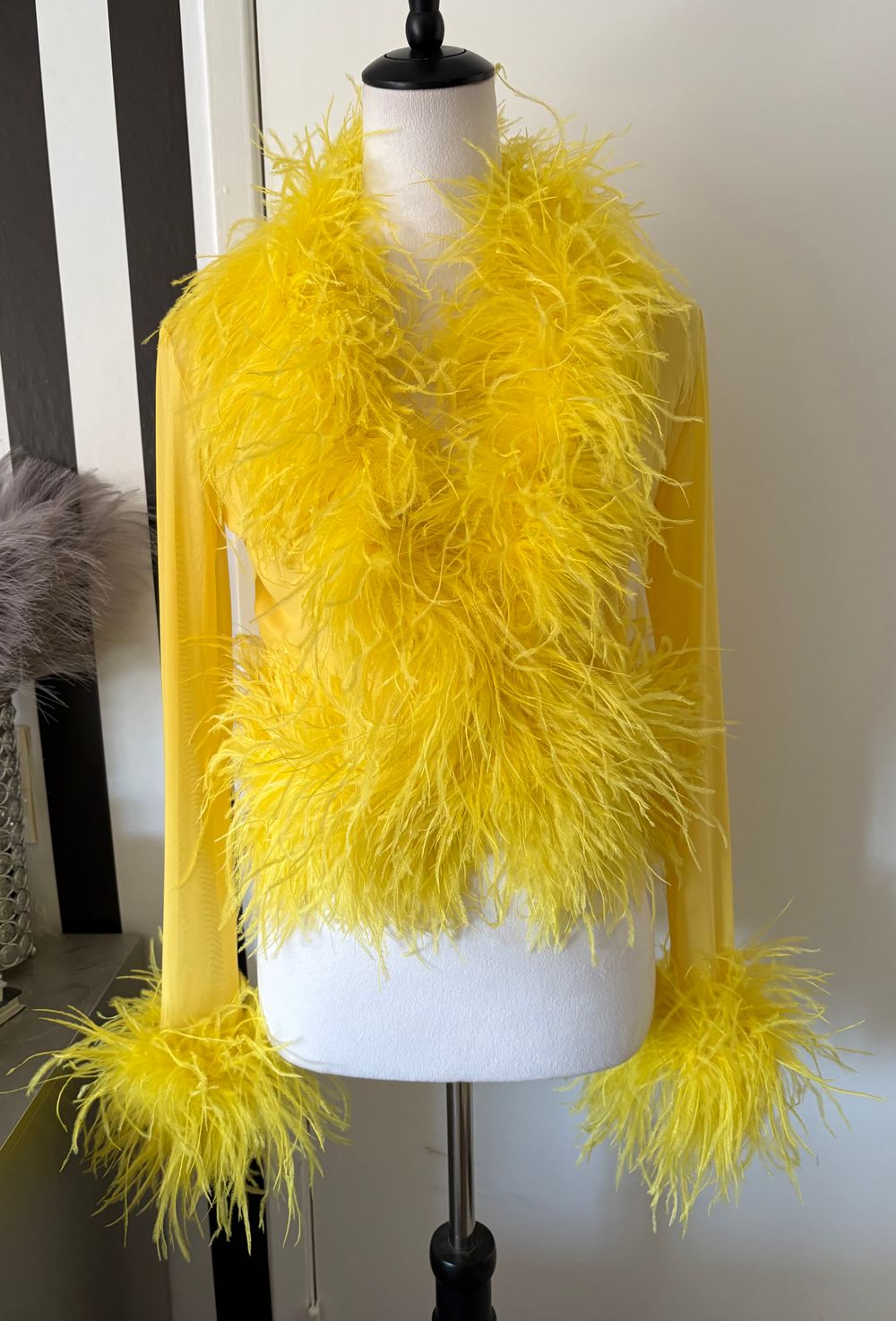 Yellow Long Sleeve Mesh Bolero with Ostrich Feather Trim
