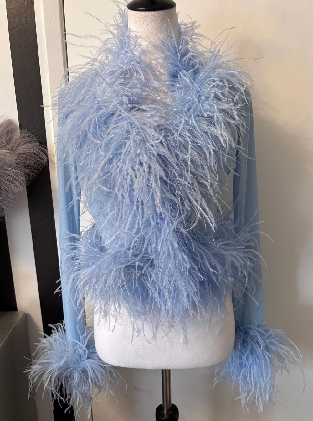 Blue Long Sleeve Mesh Bolero with Ostrich Feather Trim