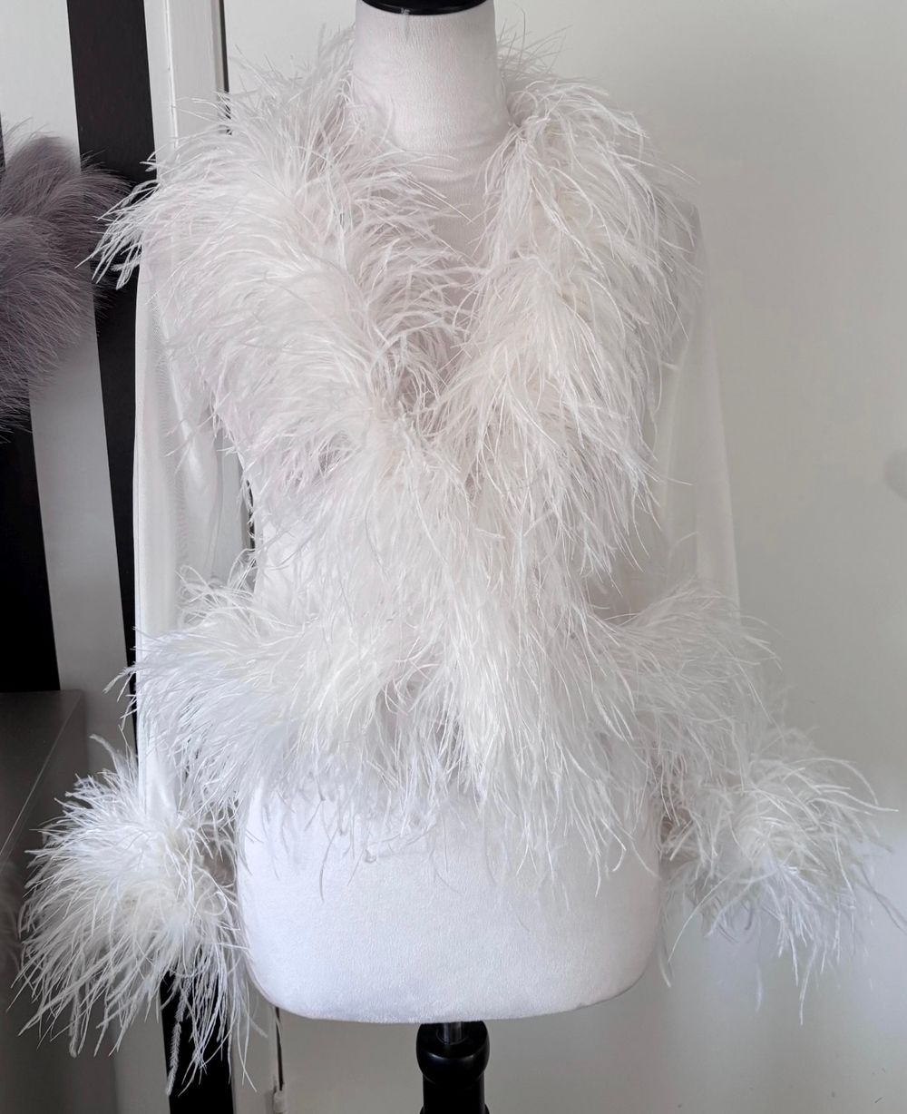 White Long Sleeve Mesh Bolero with Ostrich Feather Trim