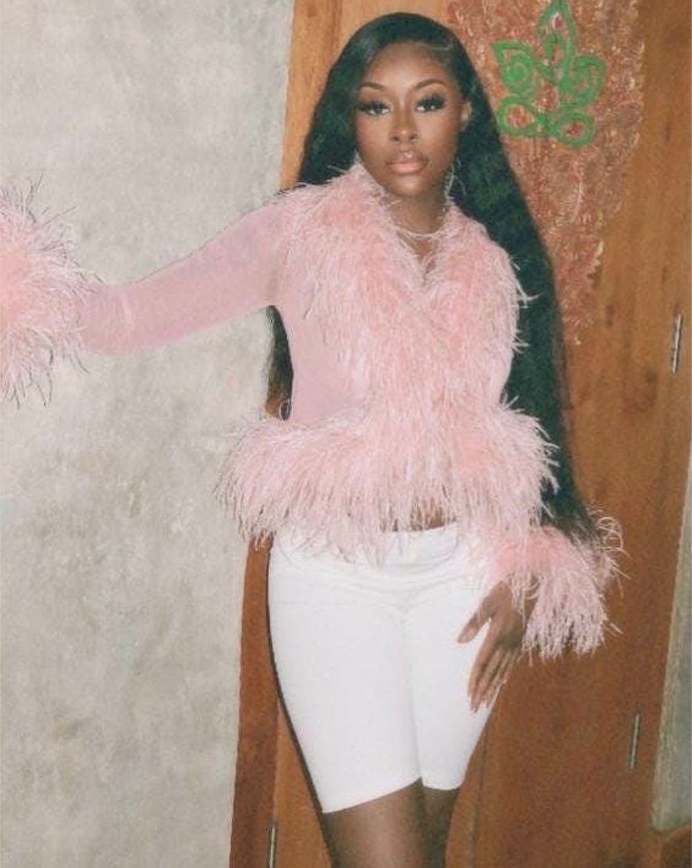 Pink Long Sleeve Mesh Bolero with Ostrich Feather Trim